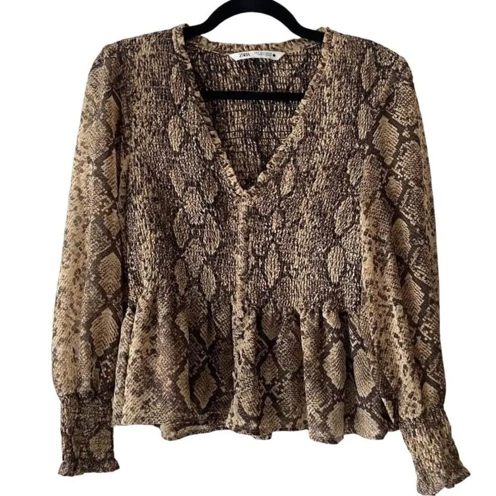 Zara Smock Ruffle Snake Print VNeck Sheer Blouse Long Sleeve S Brown Cream #3049